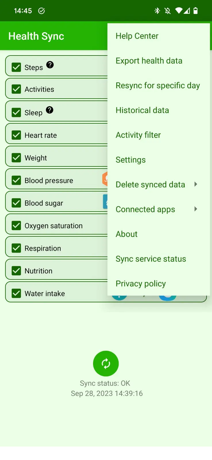 Health Sync Menus