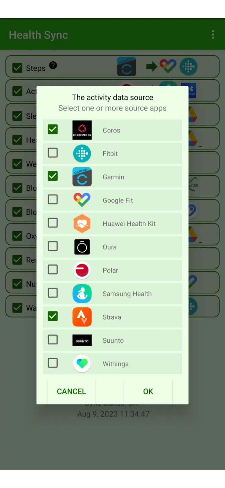 Health Sync activity source apps